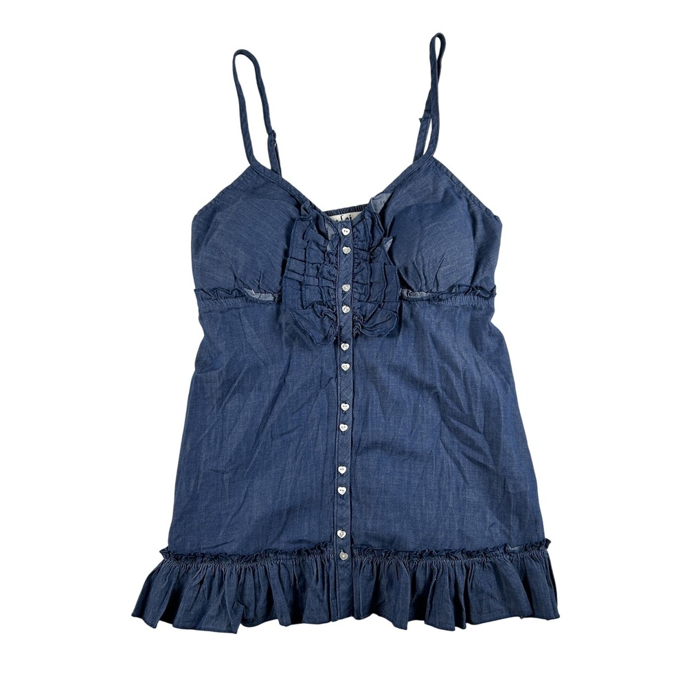 Vintage Lei Top Womens Medium Blue Denim Ruffle‎ Babydoll Spaghetti Y2K 2000s
